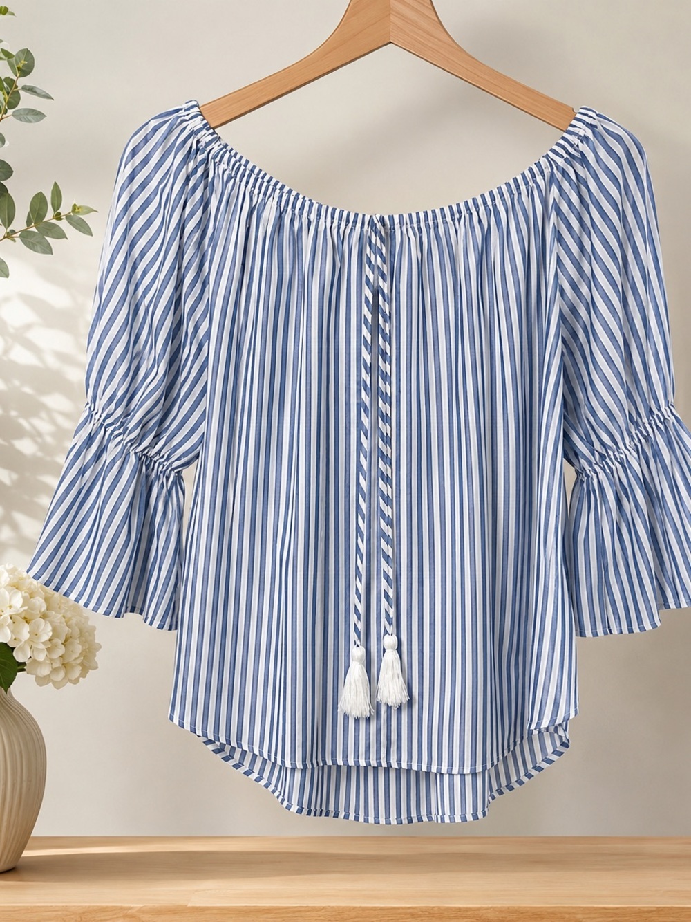Striped Off-Shoulder Blouse with Tassel Tie in Light Blue - Picture 2 of 3